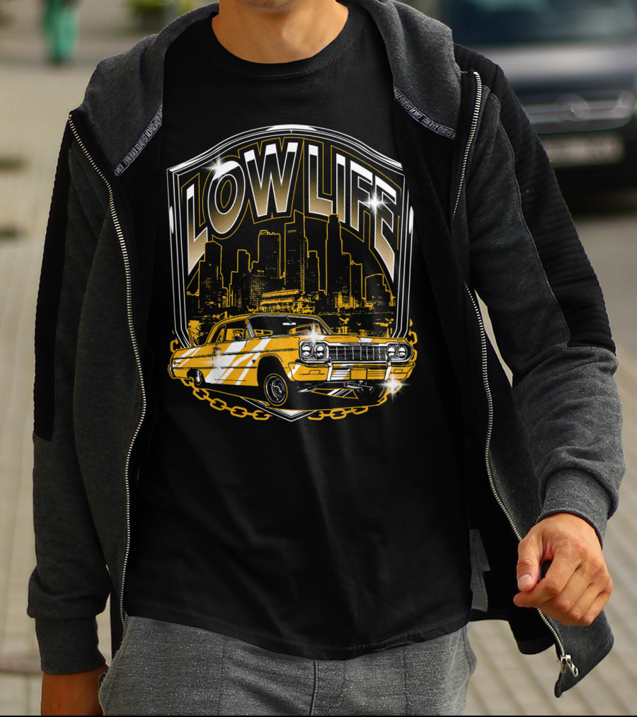 Lowrider Classic Car Low Life Skyline Scene T-Shirt