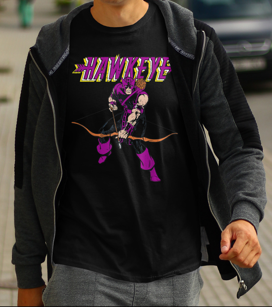 Marvel Hawkeye Classic Purple Pose Drawing Bow And Arrow T-Shirt