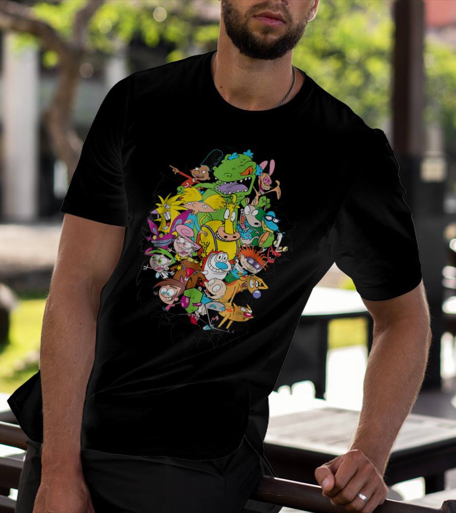 Nickelodeon Classic Characters Rugrats Hey Arnold Rocko's Modern Life Ren And Stimpy CatDog Fairly OddParents All Real Monsters Explosion T-Shirt