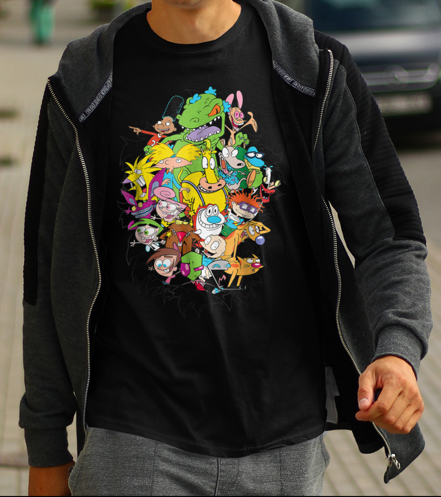Nickelodeon Classic Characters Rugrats Hey Arnold Rocko's Modern Life Ren And Stimpy CatDog Fairly OddParents All Real Monsters Explosion T-Shirt