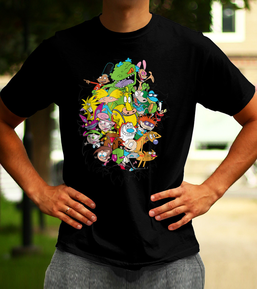 Nickelodeon Classic Characters Rugrats Hey Arnold Rocko's Modern Life Ren And Stimpy CatDog Fairly OddParents All Real Monsters Explosion T-Shirt