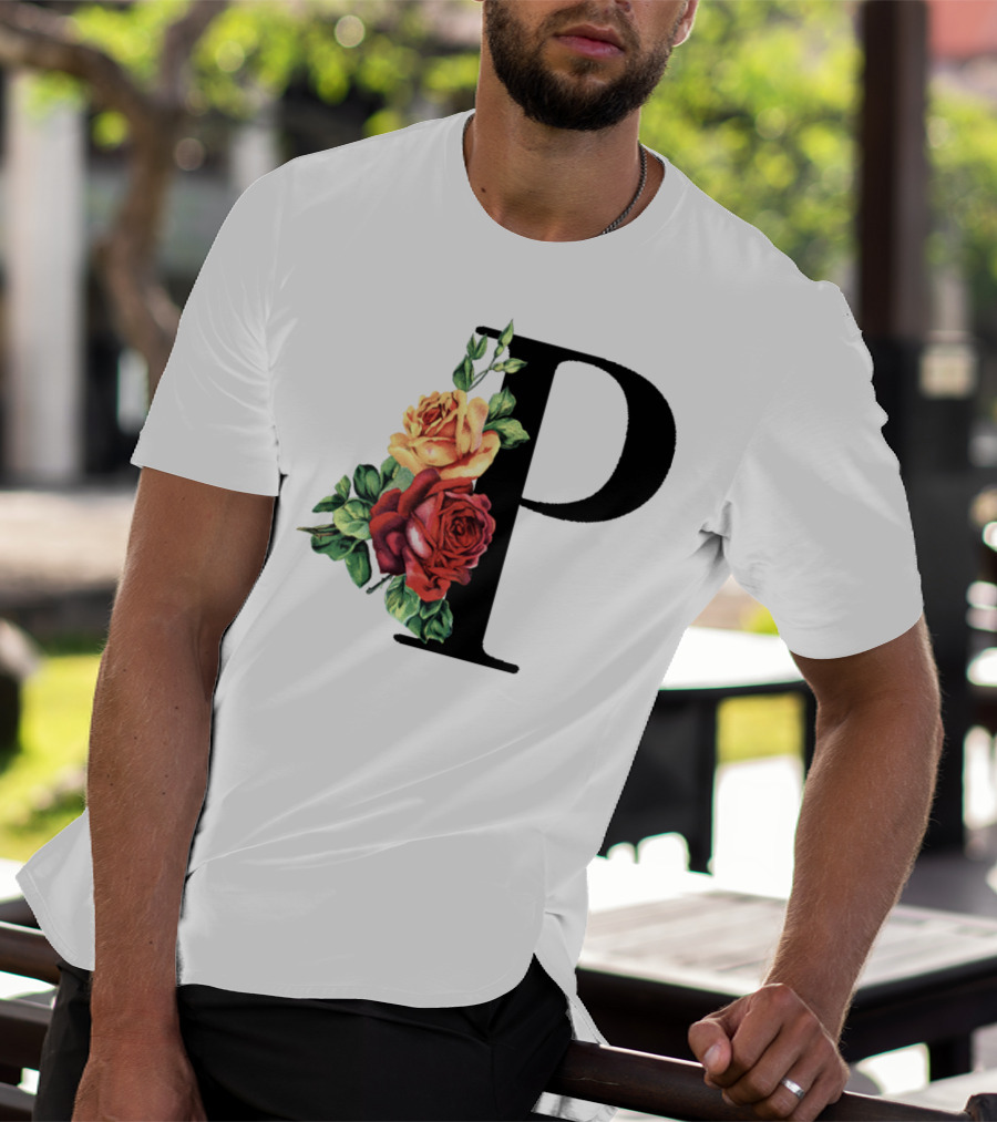 Initial Rose Floral Monogram Letter P With Red And Yellow Roses T-Shirt