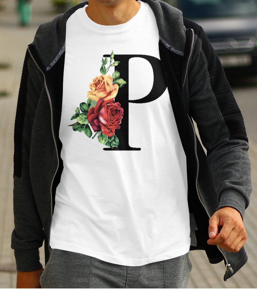 Initial Rose Floral Monogram Letter P With Red And Yellow Roses T-Shirt