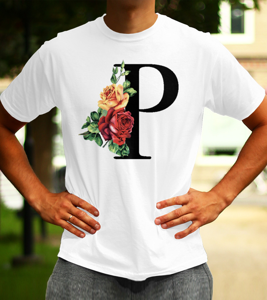 Initial Rose Floral Monogram Letter P With Red And Yellow Roses T-Shirt