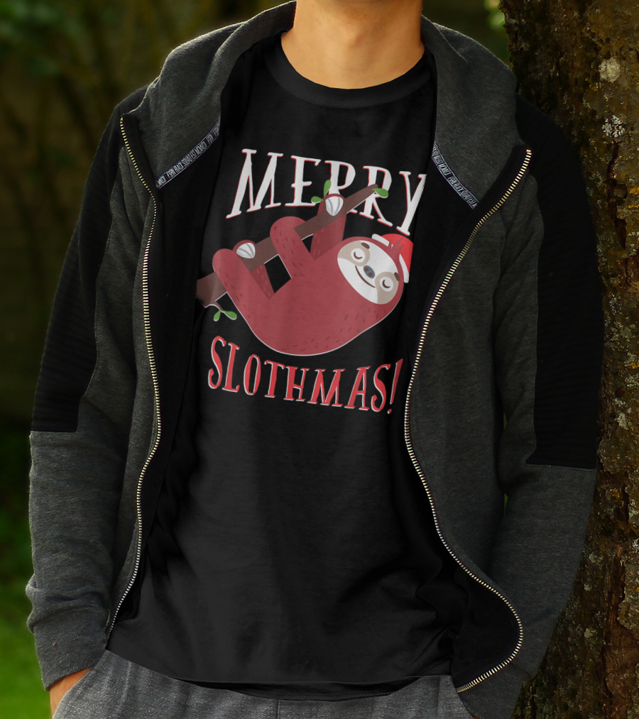 Merry Slothmas Santa Hat Sloth Holiday Greeting T-Shirt