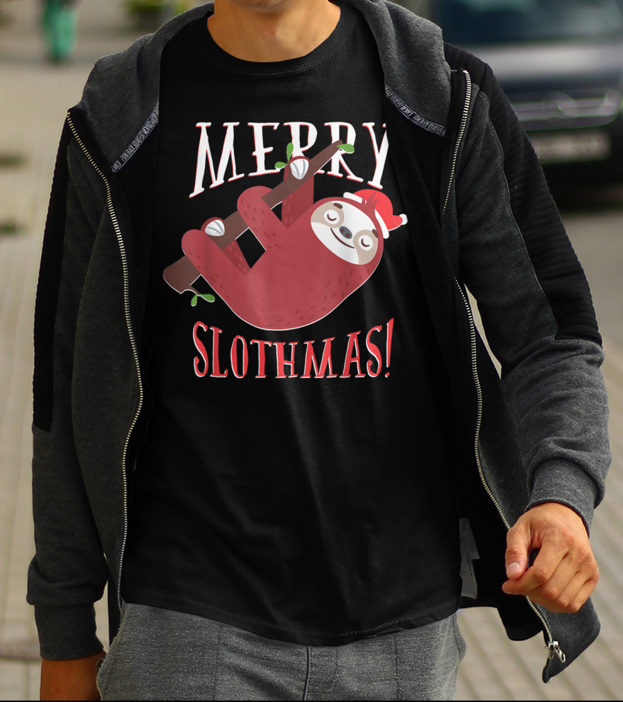 Merry Slothmas Santa Hat Sloth Holiday Greeting T-Shirt