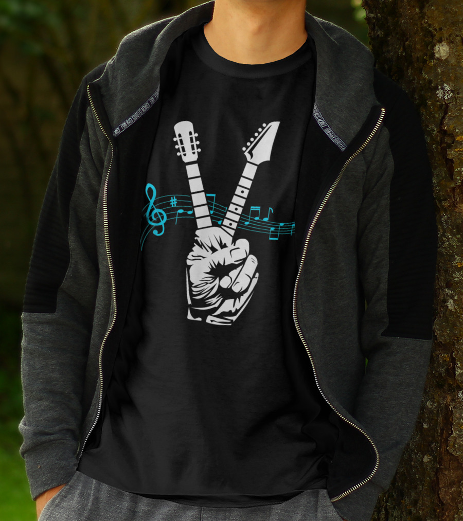 Peace Sign Guitar Neck Fingers And Musical Notes T-Shirt