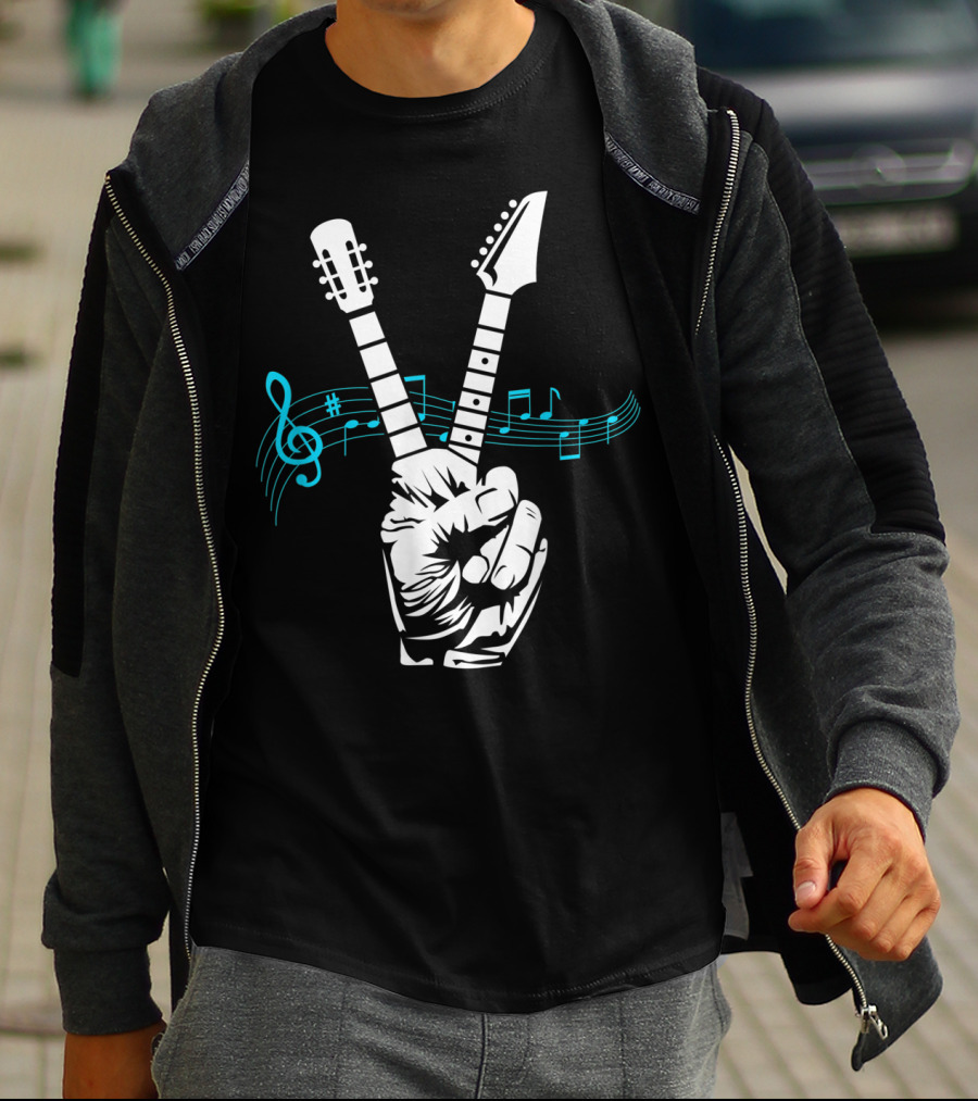 Peace Sign Guitar Neck Fingers And Musical Notes T-Shirt