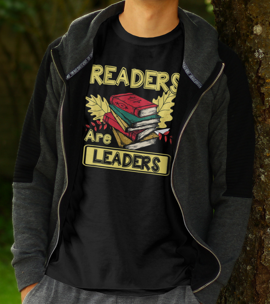 READERS ARE LEADERS BOOKS WITH FALL LEAVES STACKED T-Shirt