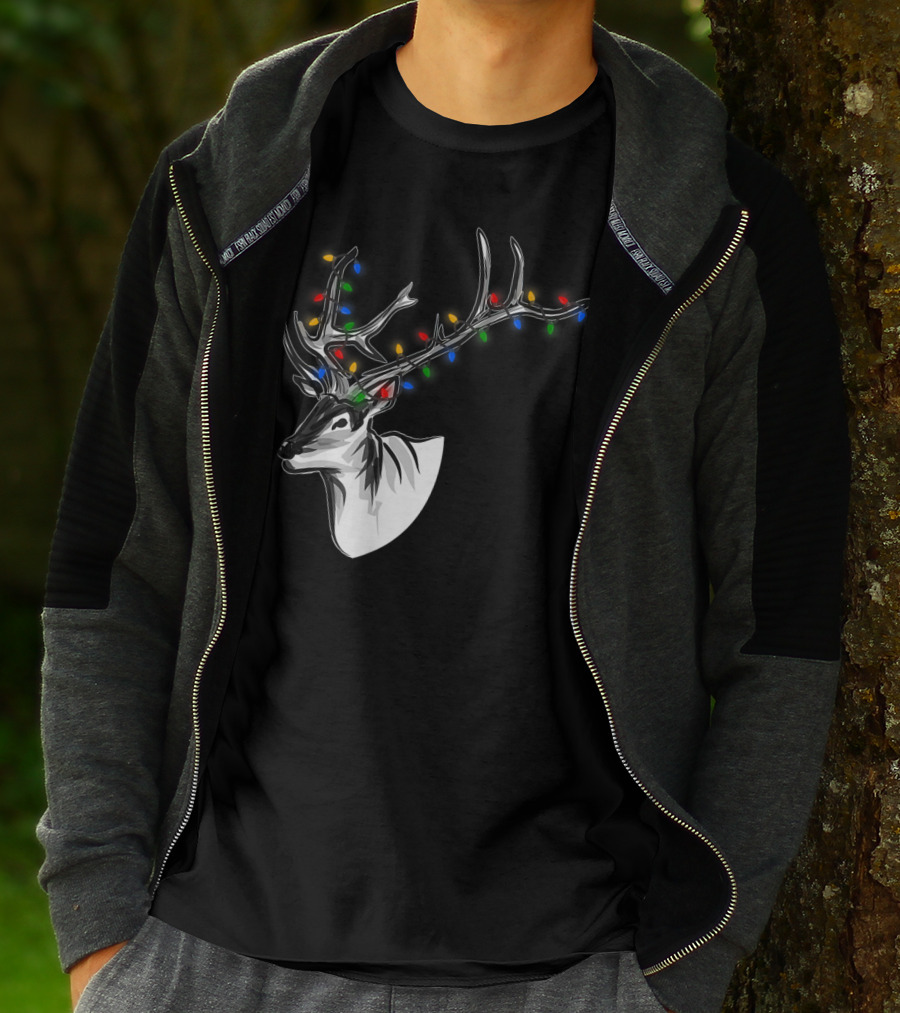 Reindeer With Colorful Christmas Lights On Antlers Funny Animal T-Shirt