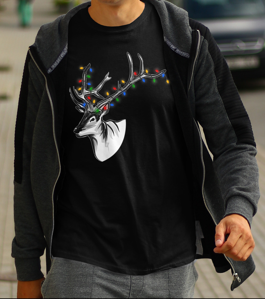 Reindeer With Colorful Christmas Lights On Antlers Funny Animal T-Shirt