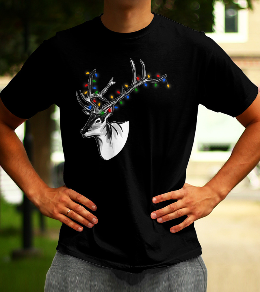 Reindeer With Colorful Christmas Lights On Antlers Funny Animal T-Shirt