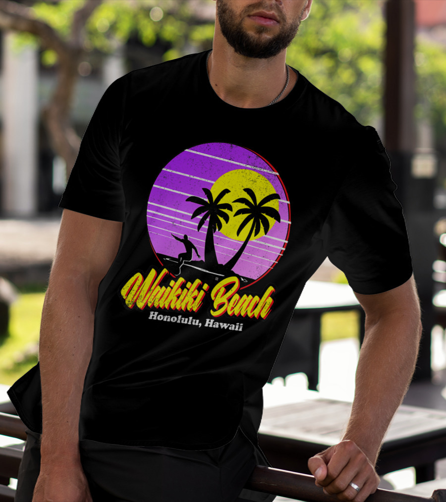 Waikiki Beach Honolulu Hawaii Retro Surfer Vintage 80's Sunset Palms T-Shirt