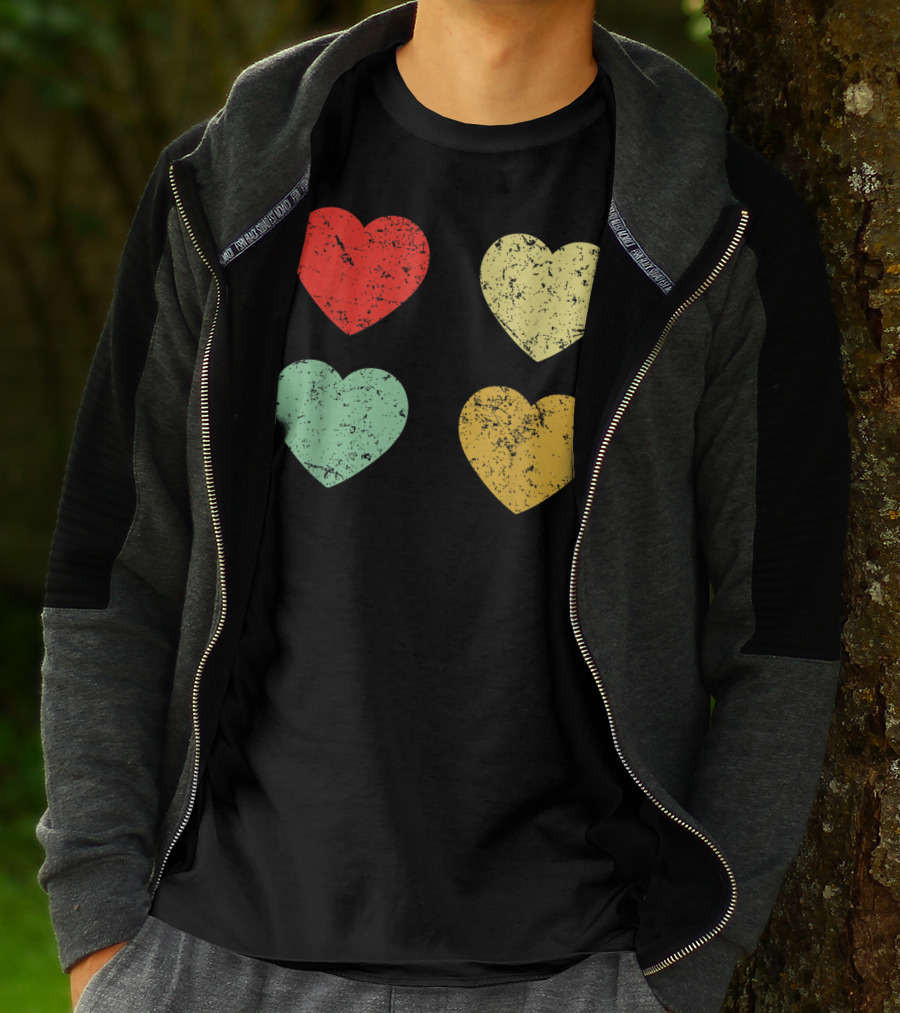 Retro Vintage Hearts Valentines Day Four Colorful Grunge Hearts T-Shirt