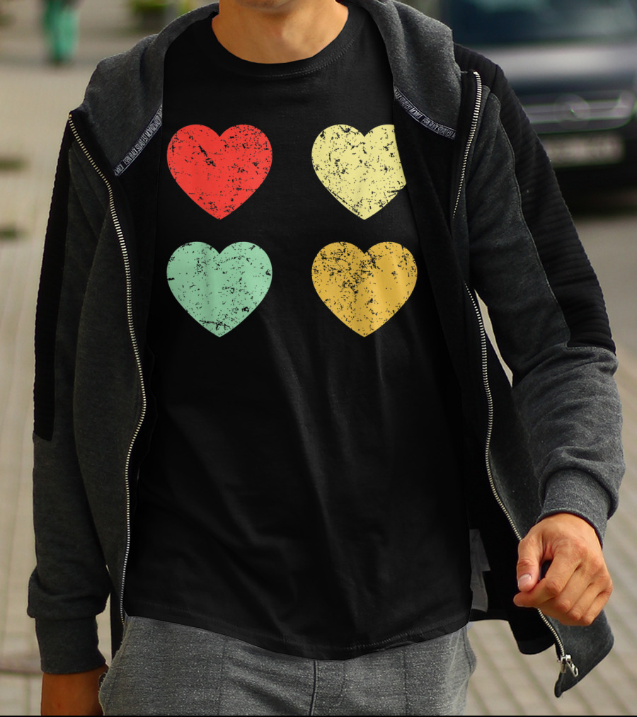 Retro Vintage Hearts Valentines Day Four Colorful Grunge Hearts T-Shirt