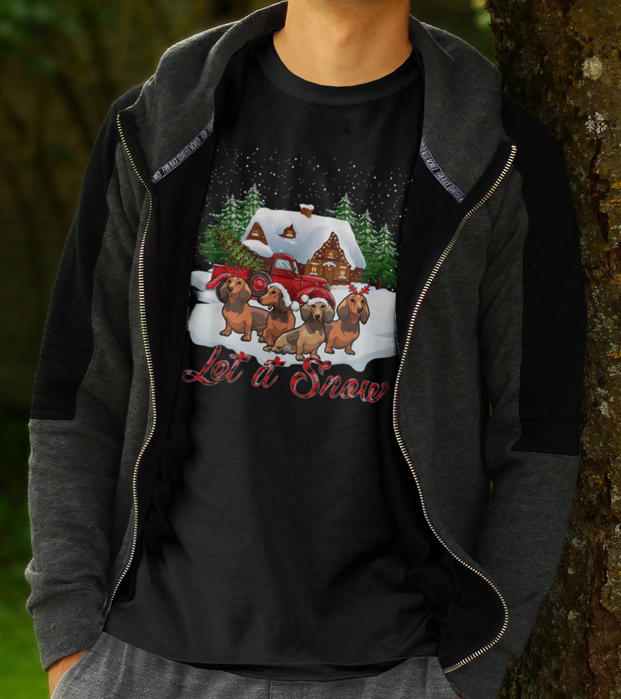 Santa Dachshund Let It Snow With Snowy Cabin And Red Truck T-Shirt