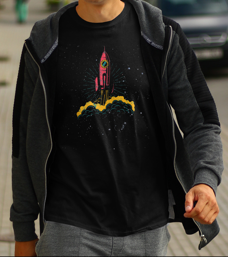 Scifi Red Rocket Launching Into Starry Night Sky With Space Adventure T-Shirt