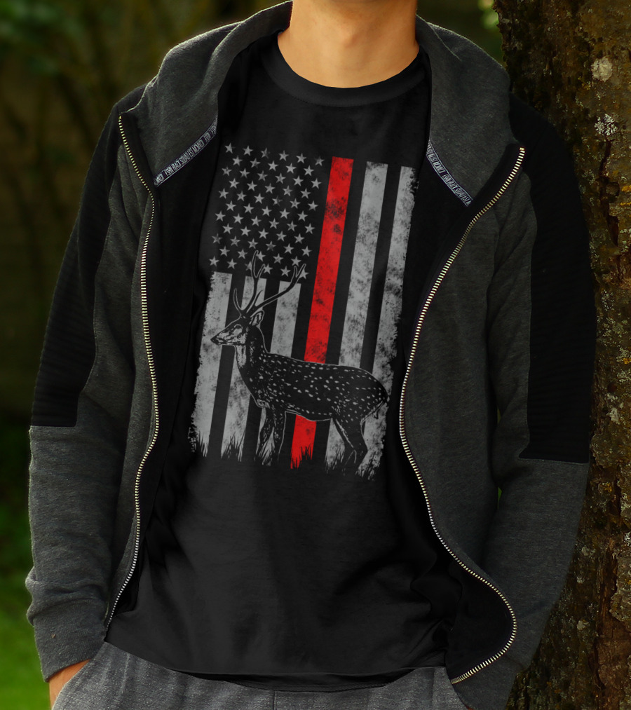 Thin Red Line Axis Deer American Flag T-Shirt