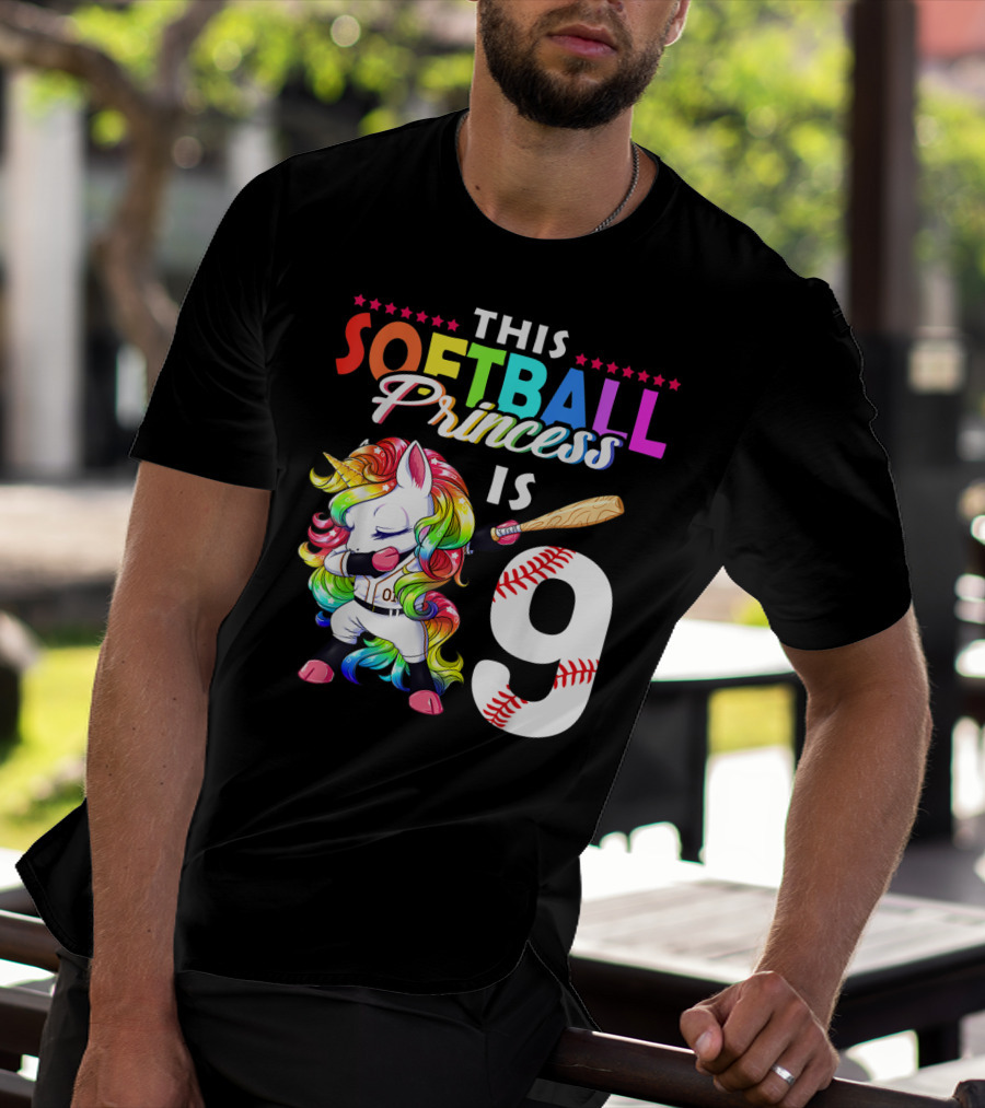 This Softball Princess Is 9 Unicorn Birthday Rainbow Bat T-Shirt