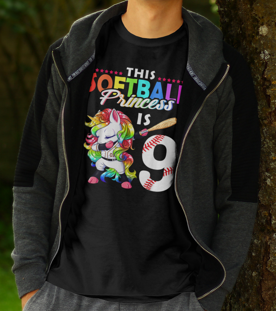 This Softball Princess Is 9 Unicorn Birthday Rainbow Bat T-Shirt