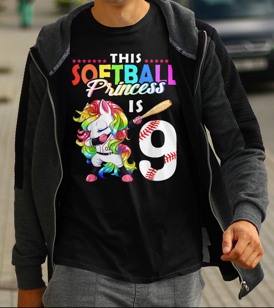 This Softball Princess Is 9 Unicorn Birthday Rainbow Bat T-Shirt