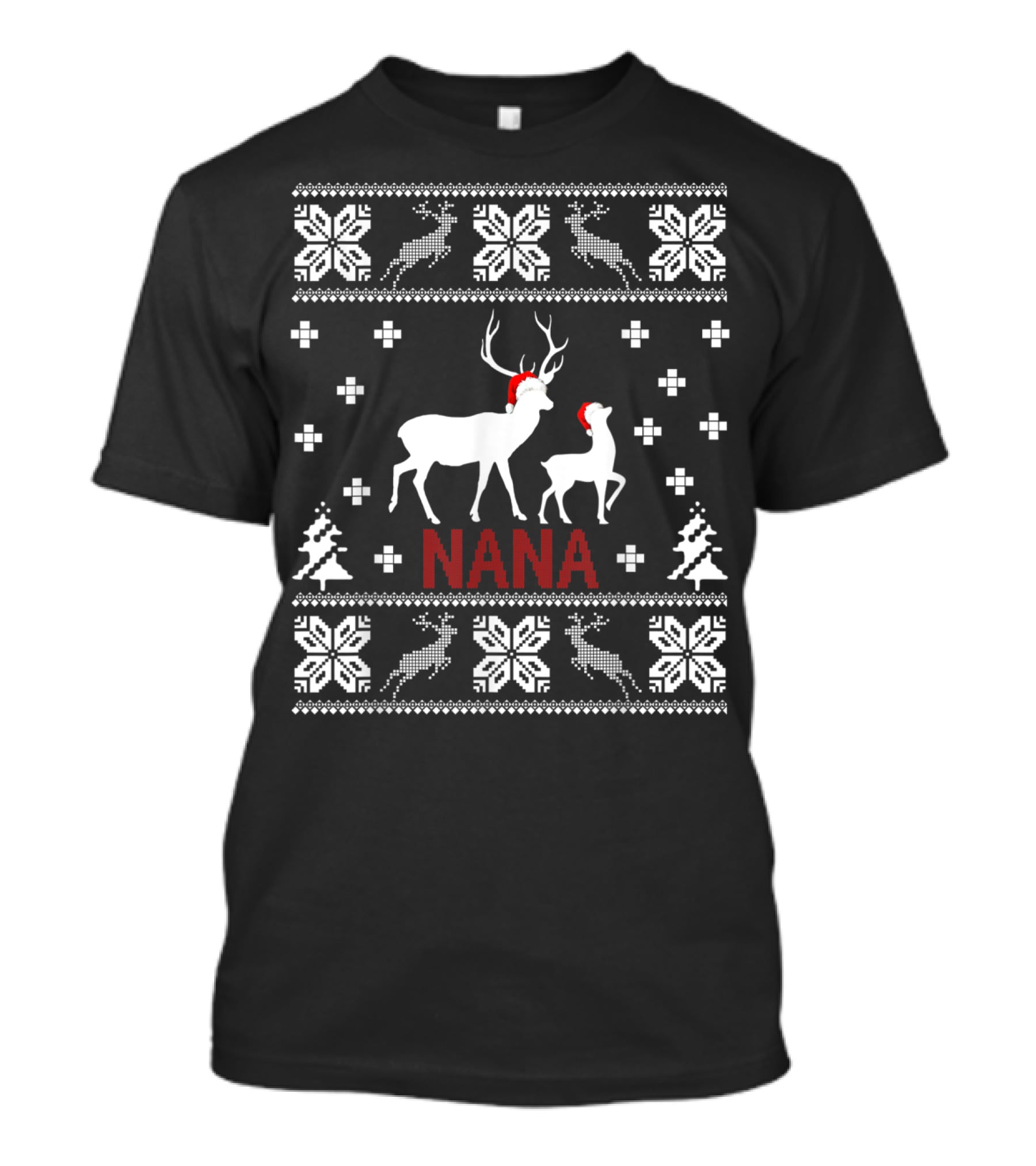 Ugly Christmas Nana Santa Reindeer Pattern Snowflakes Trees T-Shirt