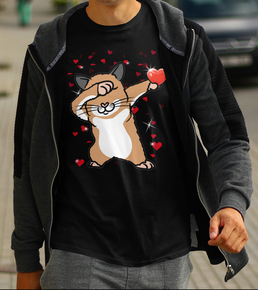 Valentine Girls Cute Dabbing Hamster With Heart And Sparkling Red Hearts T-Shirt
