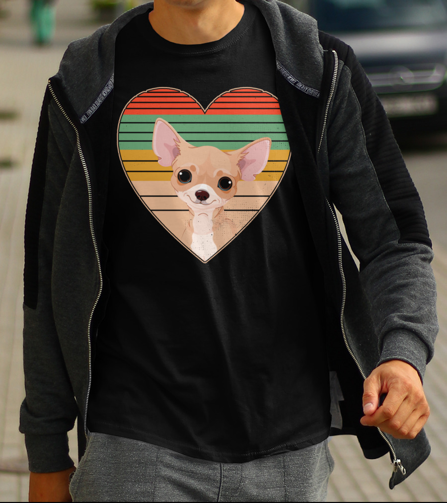 Vintage Chihuahua Heart Striped Retro Heart-Shaped T-Shirt