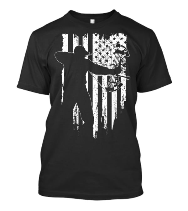 American Patriotic Archer Silhouette With Compound Bow And Flag T-Shirt