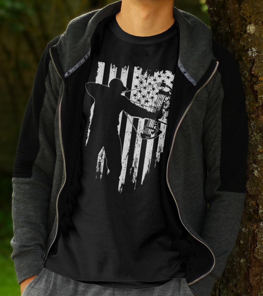 American Patriotic Archer Silhouette With Compound Bow And Flag T-Shirt