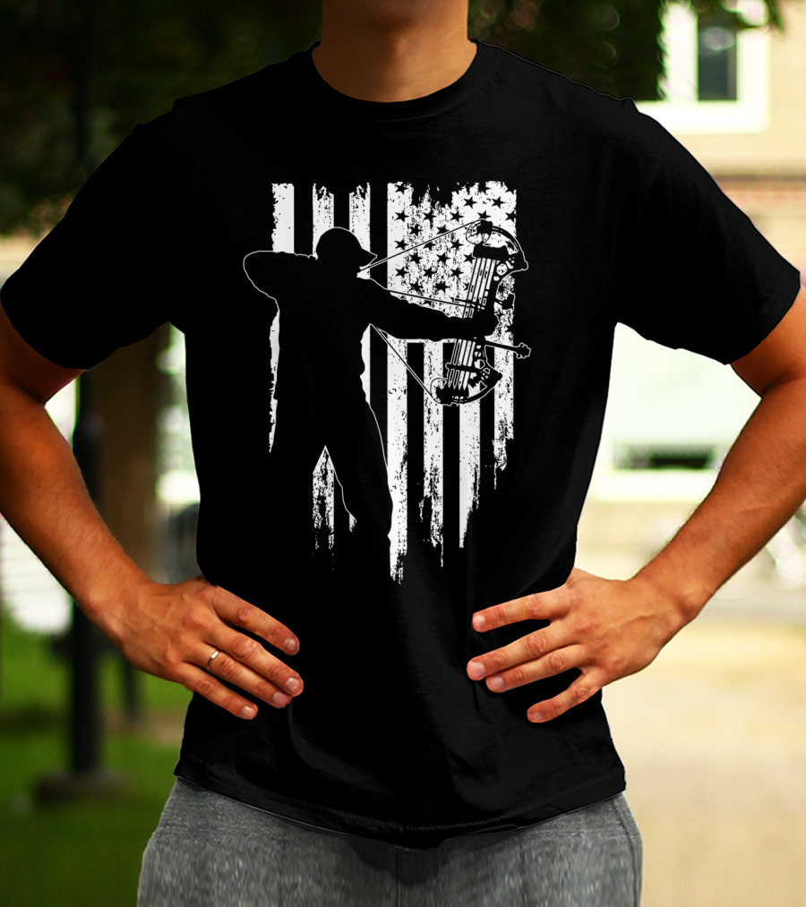American Patriotic Archer Silhouette With Compound Bow And Flag T-Shirt