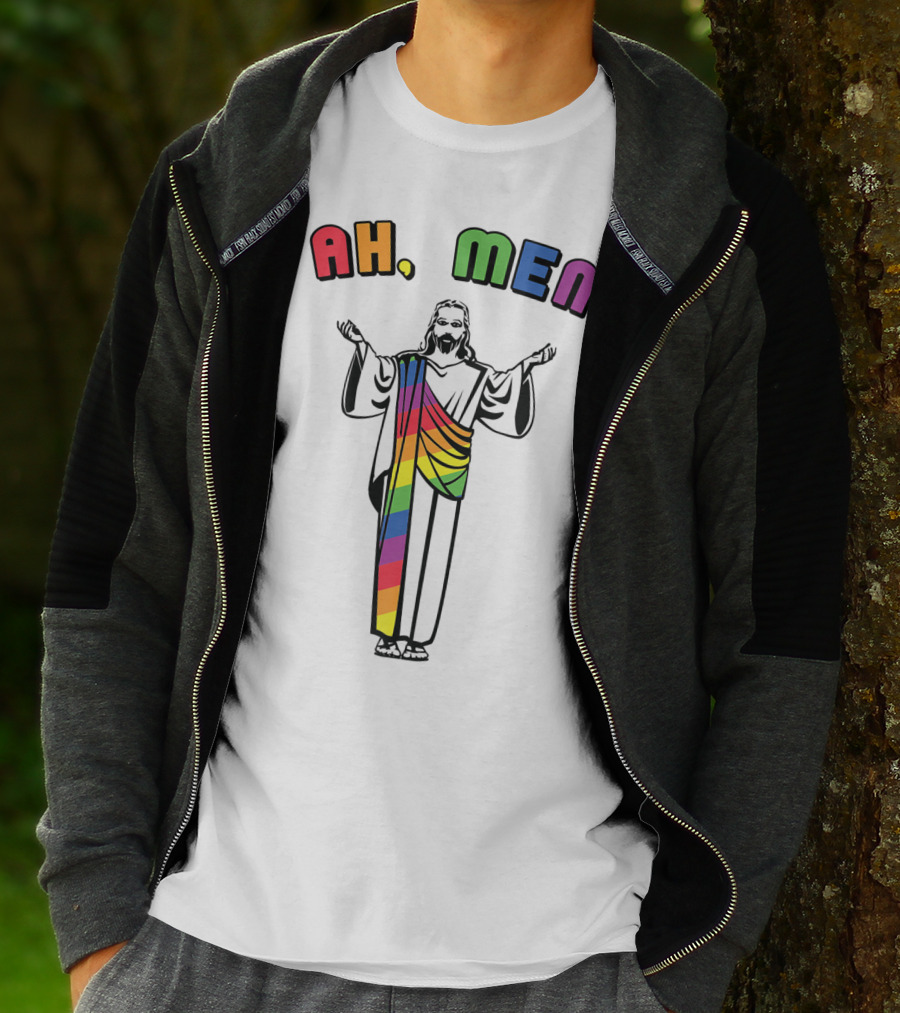 Ah Men Funny Gay Jesus Rainbow Pride T-Shirt