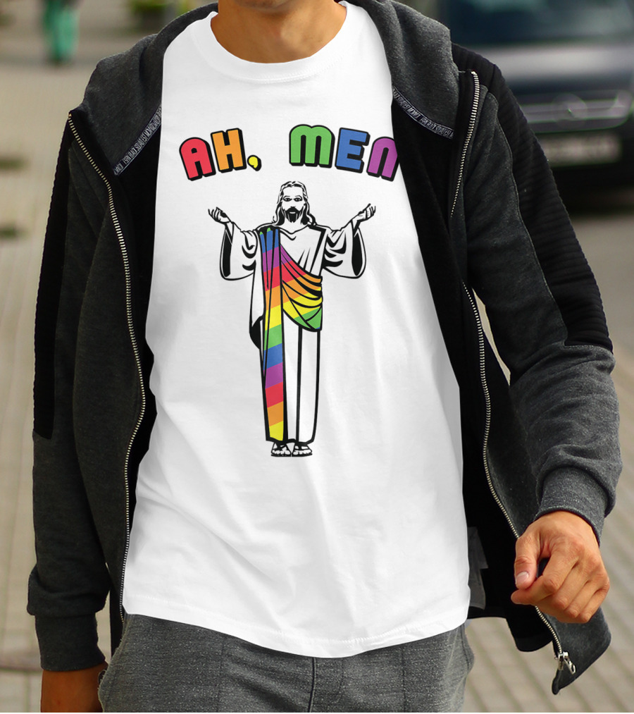 Ah Men Funny Gay Jesus Rainbow Pride T-Shirt