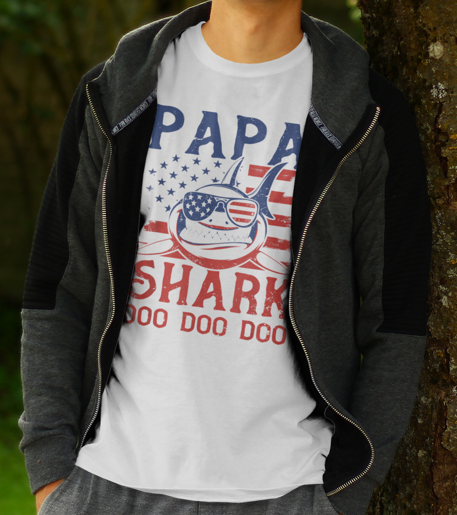 Papa Shark Doo Doo Doo American Flag Sunglasses T-Shirt