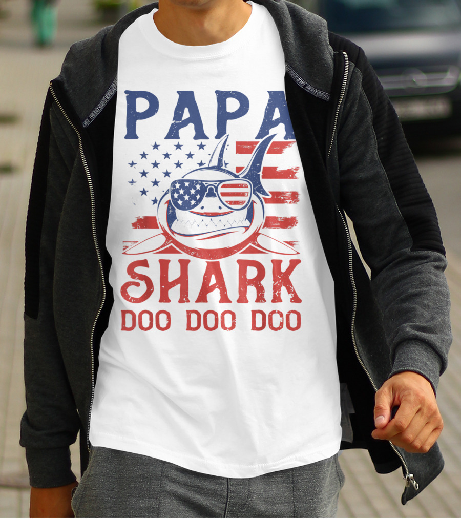 Papa Shark Doo Doo Doo American Flag Sunglasses T-Shirt