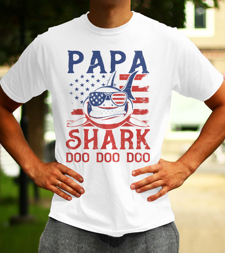 Papa Shark Doo Doo Doo American Flag Sunglasses T-Shirt