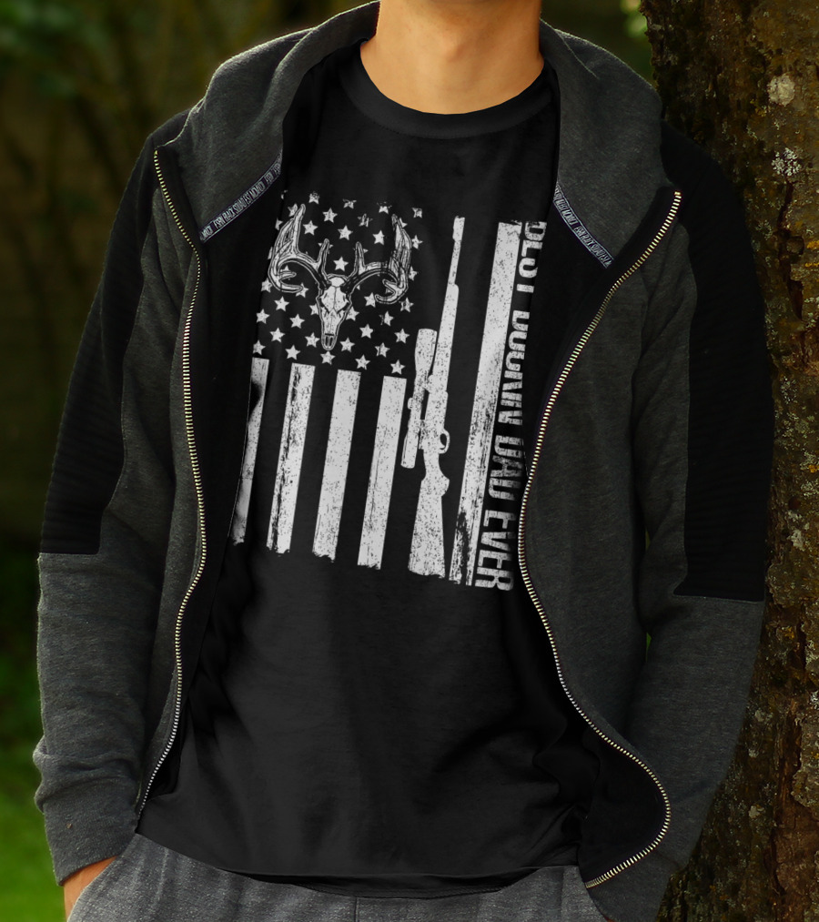 Deer Hunting US Flag Best Buckin Dad Ever Vintage Rifle Buck Antlers T-Shirt