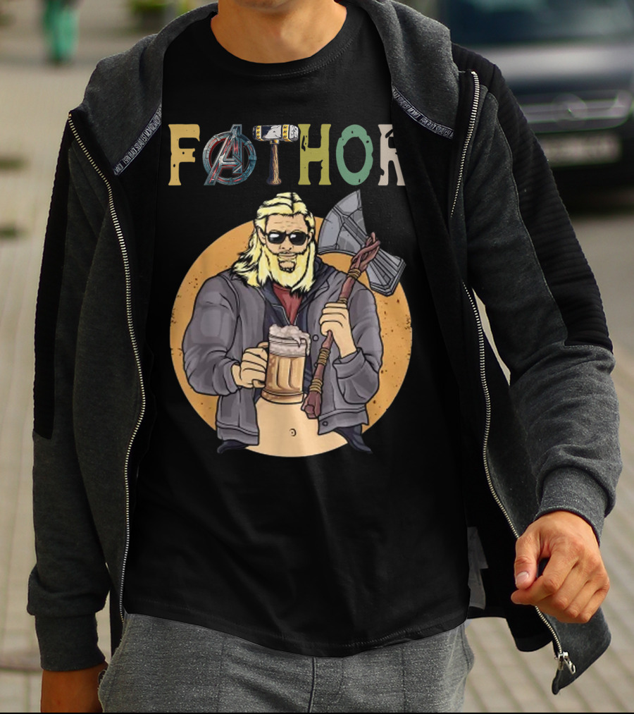 Fathor Avenger Beer Drinking Dad With Axe And Hammer T-Shirt