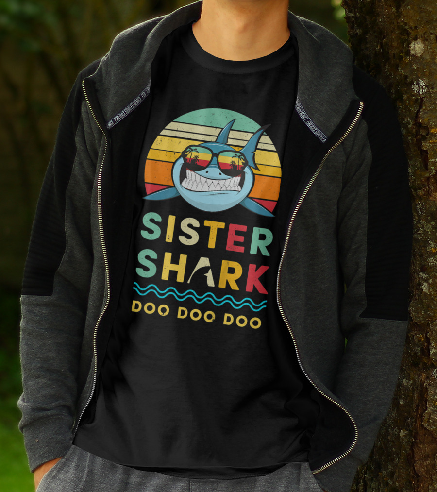 Sister Shark Doo Doo Doo Kids Toddlers Girls Retro Shark Sunglasses T-Shirt