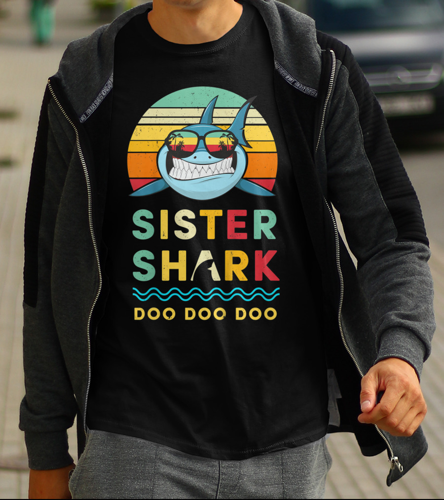 Sister Shark Doo Doo Doo Kids Toddlers Girls Retro Shark Sunglasses T-Shirt