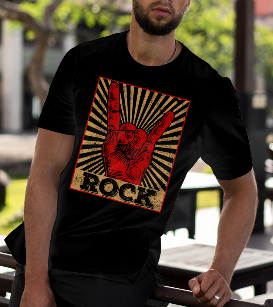 Vintage Rock N Roll Concert Band Hand Gesture Icon With Rock Text T-Shirt