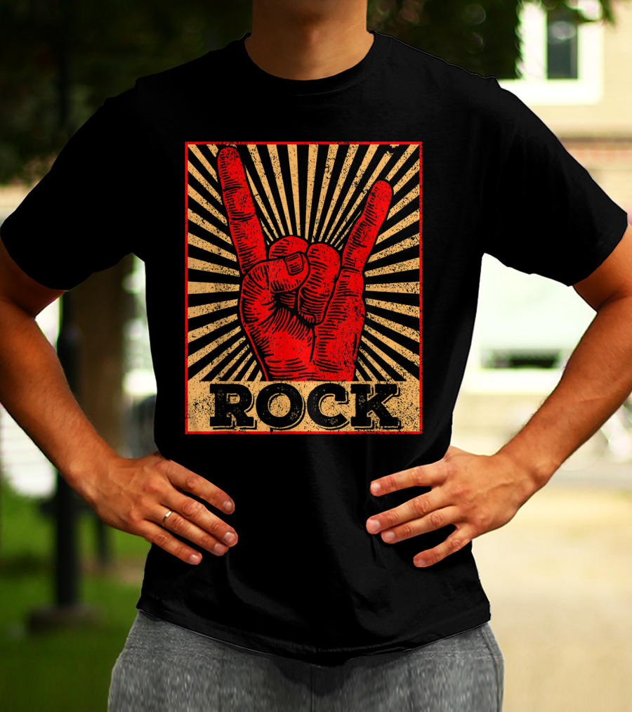 Vintage Rock N Roll Concert Band Hand Gesture Icon With Rock Text T-Shirt