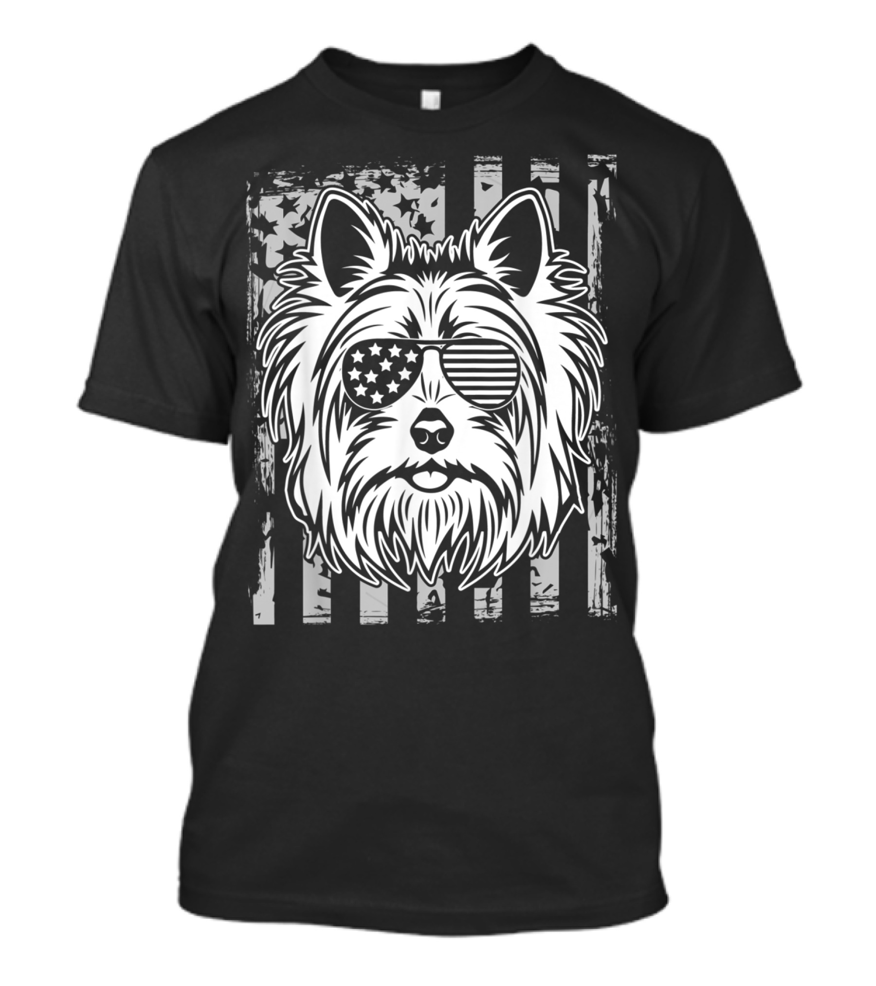 Vintage US Flag Sunglasses Yorkshire Terrier Face On Black Grunge Flag Background T-Shirt