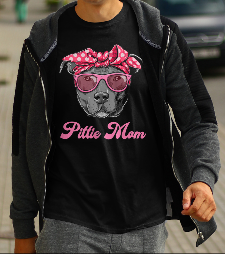 Pittie Mom Pitbull Dog With Polka Dot Bandana And Sunglasses T-Shirt