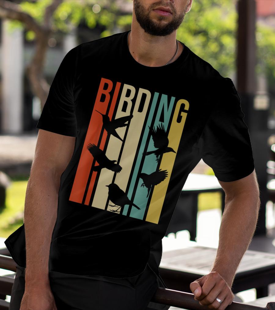 Vintage Style Birding For Birders With Silhouette Birds In Colorful Stripes T-Shirt