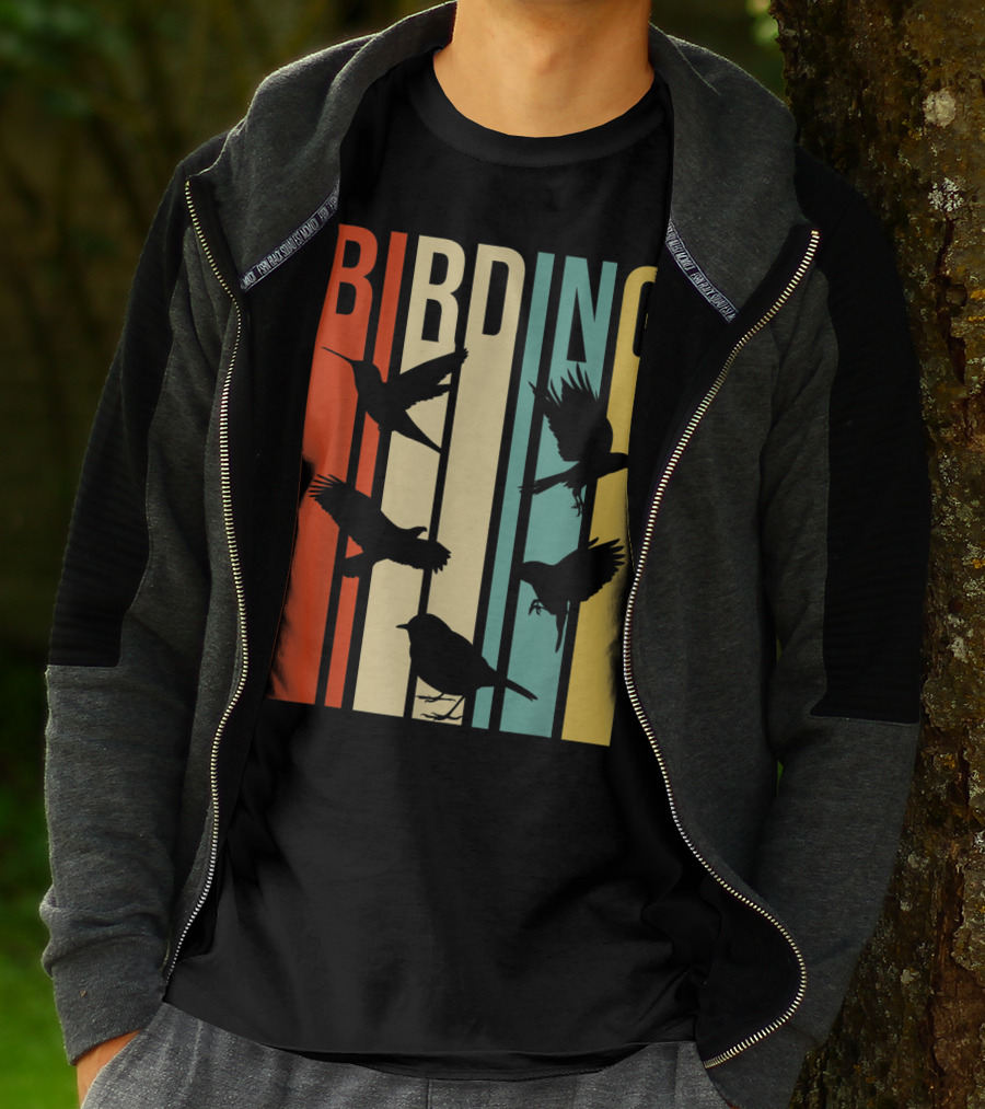 Vintage Style Birding For Birders With Silhouette Birds In Colorful Stripes T-Shirt