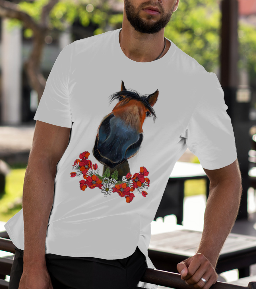 Adorable Horse With Red And White Flowers T-Shirt