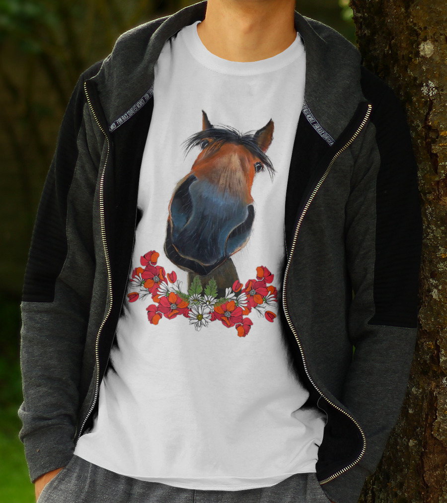Adorable Horse With Red And White Flowers T-Shirt