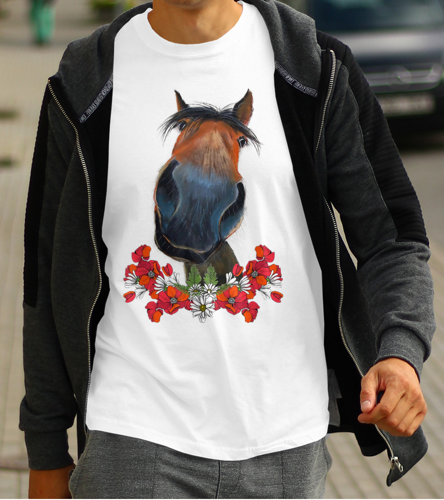 Adorable Horse With Red And White Flowers T-Shirt