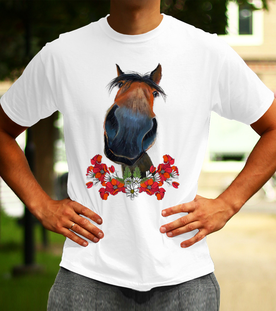 Adorable Horse With Red And White Flowers T-Shirt